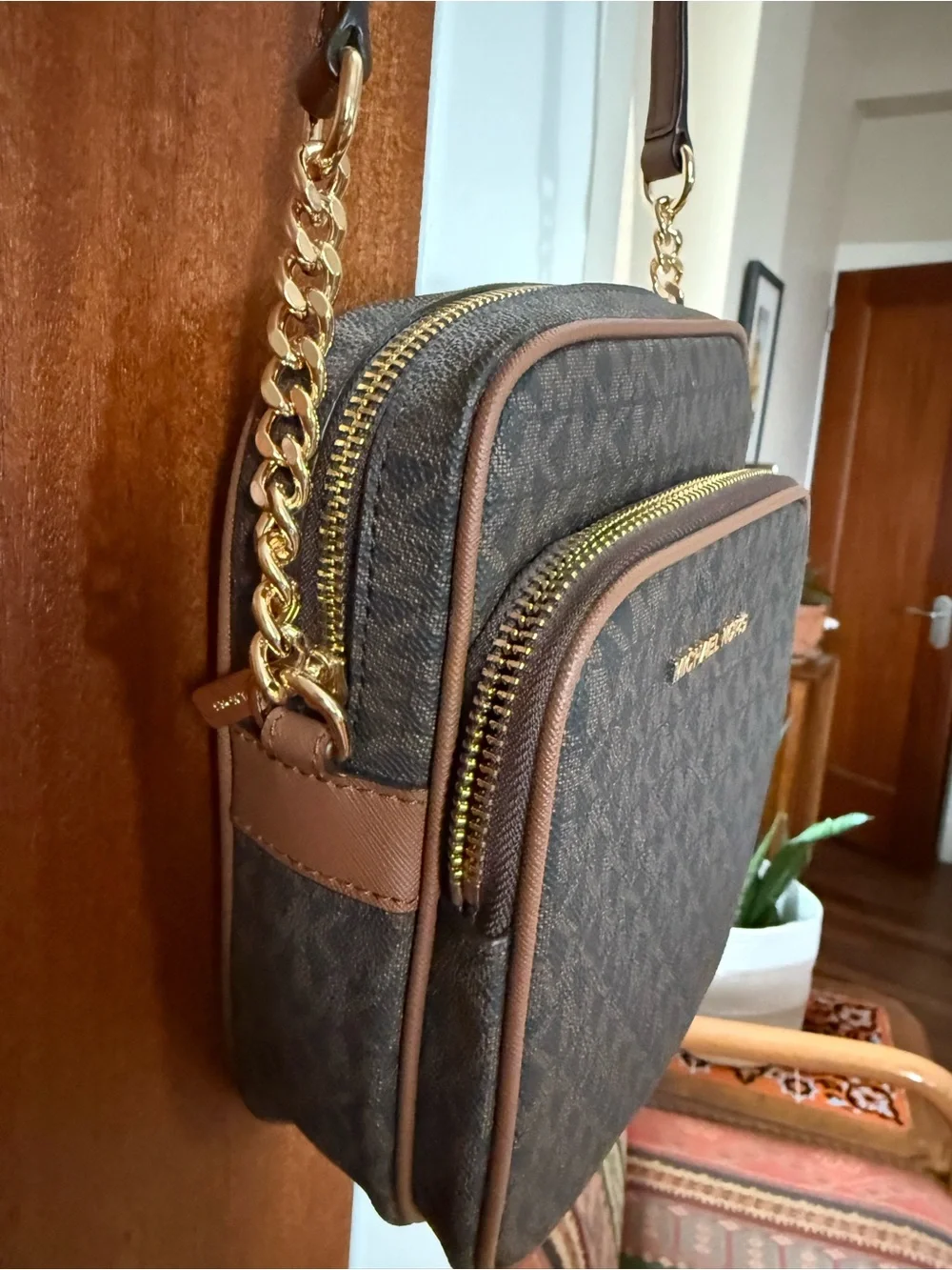 Michael Kors Brown MK Logo Crossbody Belt Bag with Gold Chain Strap